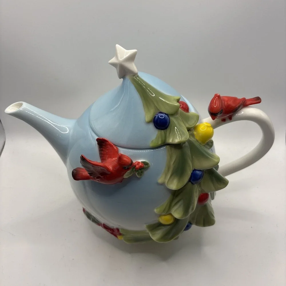 Vtg Pier 1 Imports Christmas Tree & Cardinal 3D Hand-painted‎ Porcelain Teapot